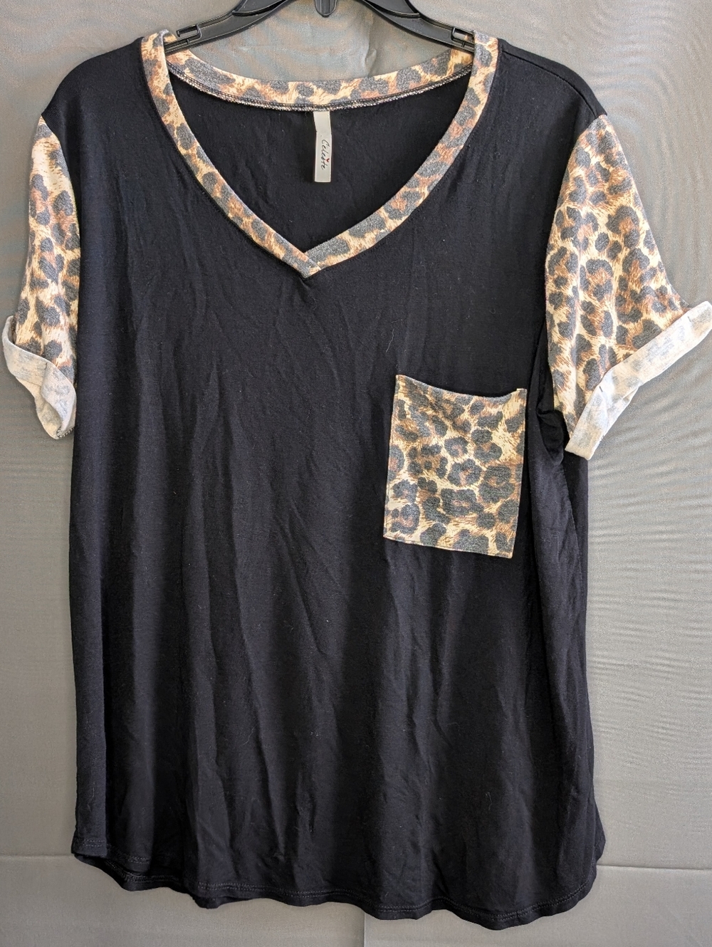 Celeste Black V-Neck Short Sleeve Tee with Leopard Trim